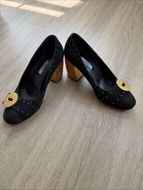 Prada Black Suede Gold Studded Block Heel Pumps EU 39 Italy